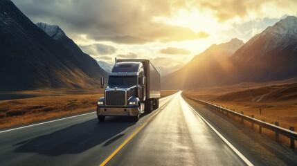 Semi trucks with semi trailers transporting cargo driving on the turning wide highway road. Generative AI