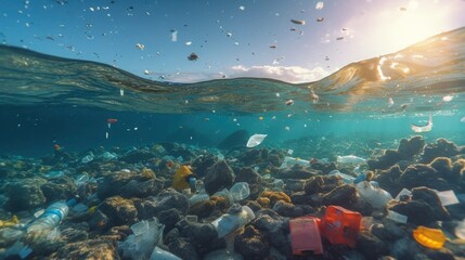 Fototapeta na wymiar Plastic pollution in ocean. Generative AI