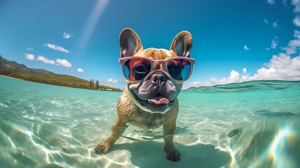 Funny French bulldog in sunglasses swimming in the ocean. Generative AI