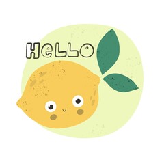 cartoon lemon, hand drawing lettering. Summer colorful illustration, flat style. design for cards, print, posters, logo, cover
