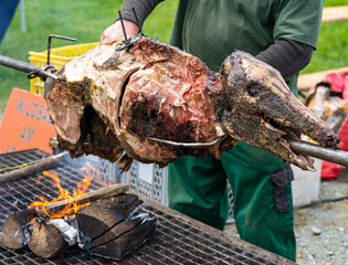 Wild boar on a skewer on a charcoal grill