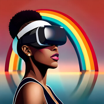  portrays a happy black woman, adorned with a vibrant VR headset