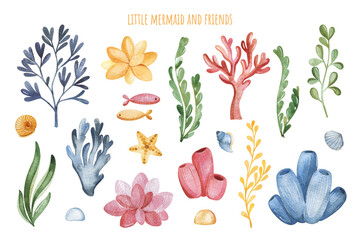 Cute illustration with seaweeds and corals.Underwater collection.Perfect for baby shower,wedding,greeting cards,nursery,invitations,birthday,party,stickers