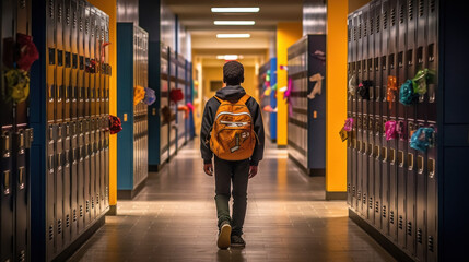 Schoolboy walks down school hallway created with generative AI technology - obrazy, fototapety, plakaty