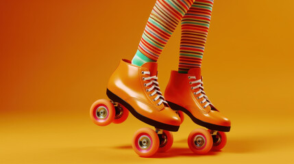 Close up of a woman feet wearing bright Quad Roller Skates created with generative AI technology
