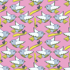Birds' seamless pattern on a pink background