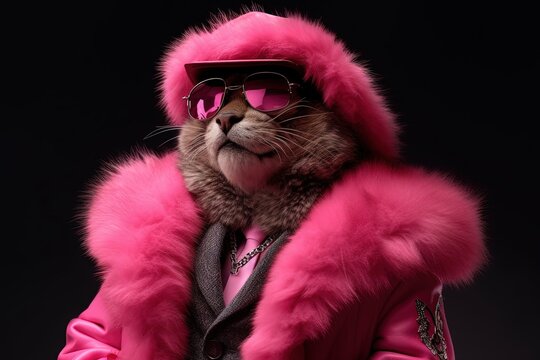 pink cat gangster in neon bar illustration generative ai