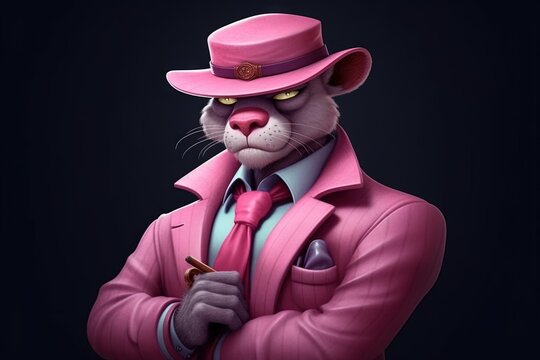 pink panther cartoon character gangster in neon bar illustration generative ai