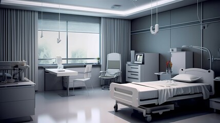 Hospital room with bed and comfortable medical equipped in a modern hospital. Generative AI