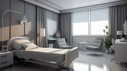 Fototapeta na wymiar Hospital room with bed and comfortable medical equipped in a modern hospital. Generative AI