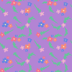 Naklejka na ściany i meble Kids papercraft vector floral seamless pattern. Cutout flat flowers and leaves in pastel colors on violet background. Perfect for kids textile, wallpaper, wrapping paper, background, interior decor
