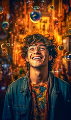 Obraz premium A portrait of a young man with a joyfull smile, her eyes sparkling with happiness. The background is filled with vibrant colors, reflecting her playful and adventurous spirit - ai generative