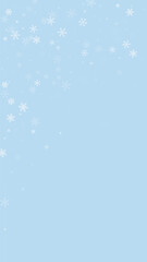 Falling snowflakes christmas background. Subtle flying snow flakes and stars on light blue winter backdrop. Beautifully falling snowflakes overlay. Vertical vector illustration.