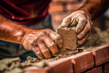Close-up of a bricklayer cementing a brick wall - ai generative