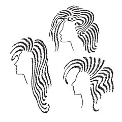 Set of female faces hand-drawn doodle. Woman profile with the hairstyle. Suitable for barbershop design. Vector illustration.