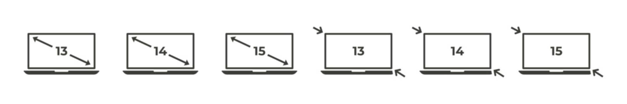 Laptop diagonal screen size. 13 14 15 inches screen size. Vector illustration.