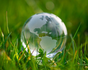  glass earth globe in grass