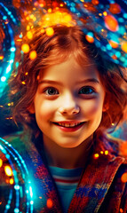 A portrait of a little girl with a joyfull smile, her eyes sparkling with happiness. The background is filled with vibrant colors, reflecting her playful and adventurous spirit - ai generative