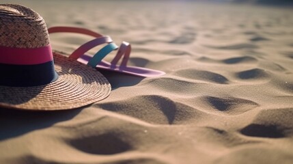 Straw hat and slippers on the sand in the sun. Generative AI. - obrazy, fototapety, plakaty