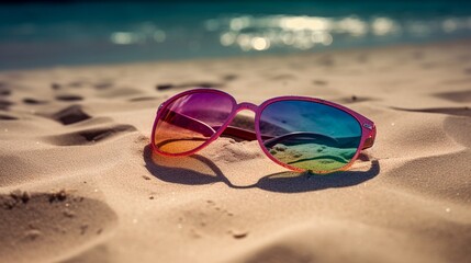 Fototapeta na wymiar Sunglasses on the beach. Selective focus. nature. Generative AI. 