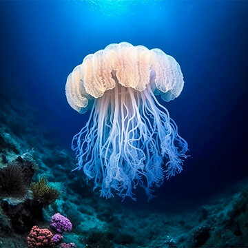 Jellyfish in the Ocean. Generative AI.
A digital painting of a jellyfish in the ocean.  