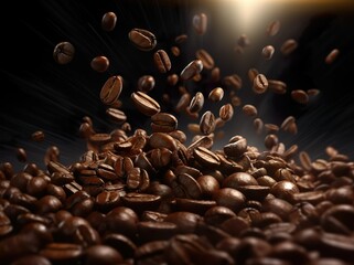 Fond de grains de café volants. Bannière de grains de café brun gros plan. Fond de grains de café agrandi. Ai générative 