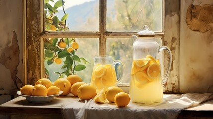 Fototapeta na wymiar Lemonade drink in a jar glass. Generative AI