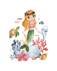 Watercolor composition with seaweeds,sea creatures,little mermaid and corals.Underwater collection.Perfect for baby shower,wedding,greeting cards,nursery,invitations,birthday,party,wedding