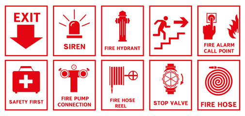 Fire safety sign. Fire warnings and actions.