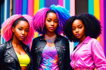 Group of african american women in colorful sportswear posing on colorful background. Generative AI.