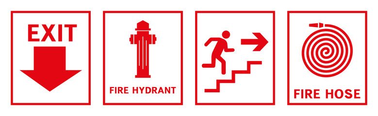 The signs contain symbols of a fire hydrant and also show an emergency exit in case of fire.