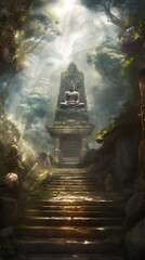 Asian Buddha statue, in the mountain forest