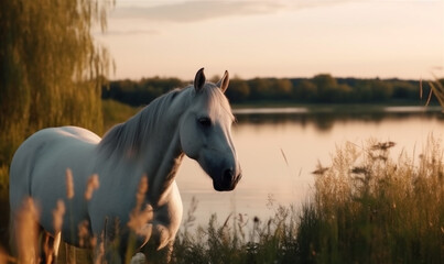 Closeup beautiful white horse at sunset by the lake