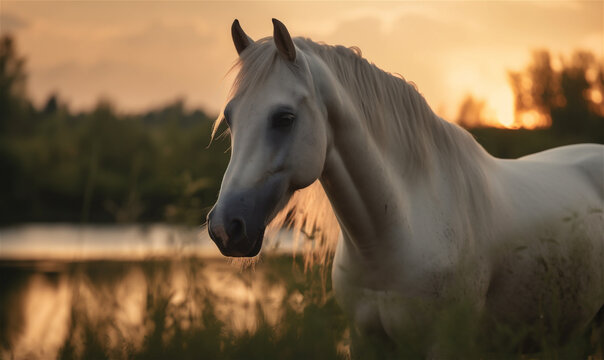 Closeup beautiful white horse at sunset by the lake