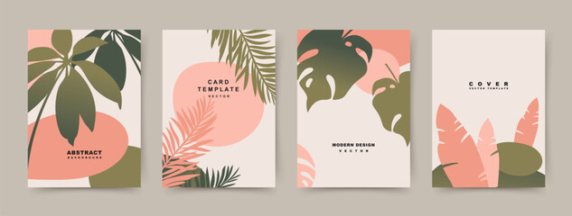 Summer simple abstract backgrounds with tropical leaves. Editable trendy vector templates for card, banner, invitation, social media post, poster, mobile app, web ads, business card, flyer
