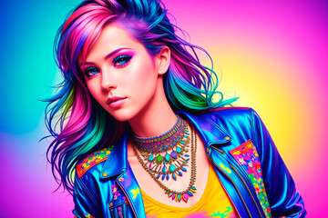 Naklejka na ściany i meble Portrait of a beautiful young woman with colorful hair. Beauty, fashion. Generative AI.