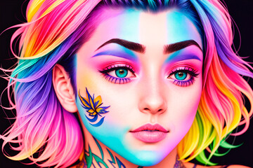Portrait of a handsome young woman with colorful hair and tattoos on face and body. Generative AI.