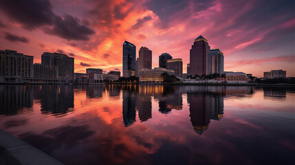 Fototapeta premium Closeup evening sunset view of tall buildings by the lake in the city