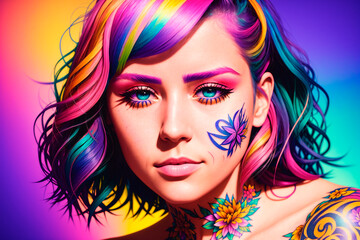 Portrait of a handsome young woman with colorful hair and tattoos on face and body. Generative AI.