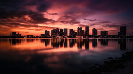 Fototapeta na wymiar Closeup evening sunset view of tall buildings by the lake in the city