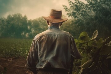 Farmer old man morning farm field. Generate Ai