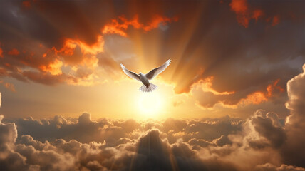 Obraz premium Religious or spirituality concept. Dove with sunset and clouds. Hope and faith. Generative AI