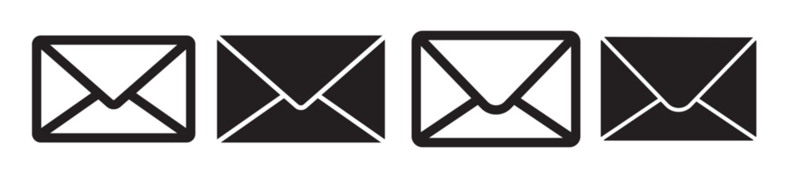Mail icon set in filled and outlined. Email envelop symbol. Newsletter logo in black color. Mailbox or inbox line web sign. Letter postcard vector set.