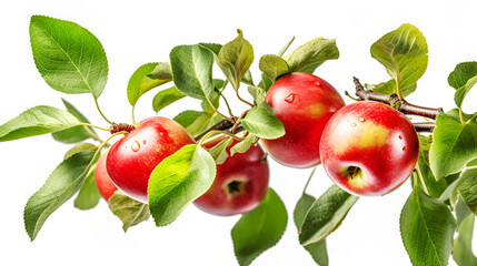 Closeup apple tree branch with ripe red apples and green leaves on white background. Concept organic, local, season fruits and harvesting. Generative ai
