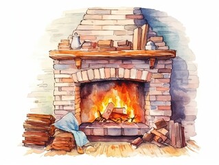 a crackling fireplace with flickering flames, watercolor and ink illustration, generative ai