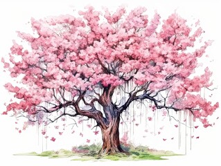 a blooming cherry blossom tree, watercolor and ink illustration, generative ai