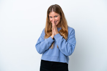 Young blonde woman isolated on white background keeps palm together. Person asks for something