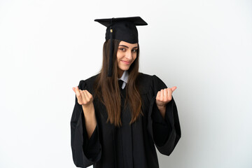 Young university graduate isolated on white background making money gesture