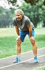 senior fitness man active sport exercise running jogging tired exhausted healthy runner fit jogger...