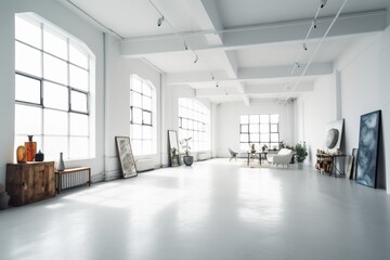 High-Ceiling Room with Large White Wall: Vast Canvas for Product Showcases or Custom Design Elements generative AI